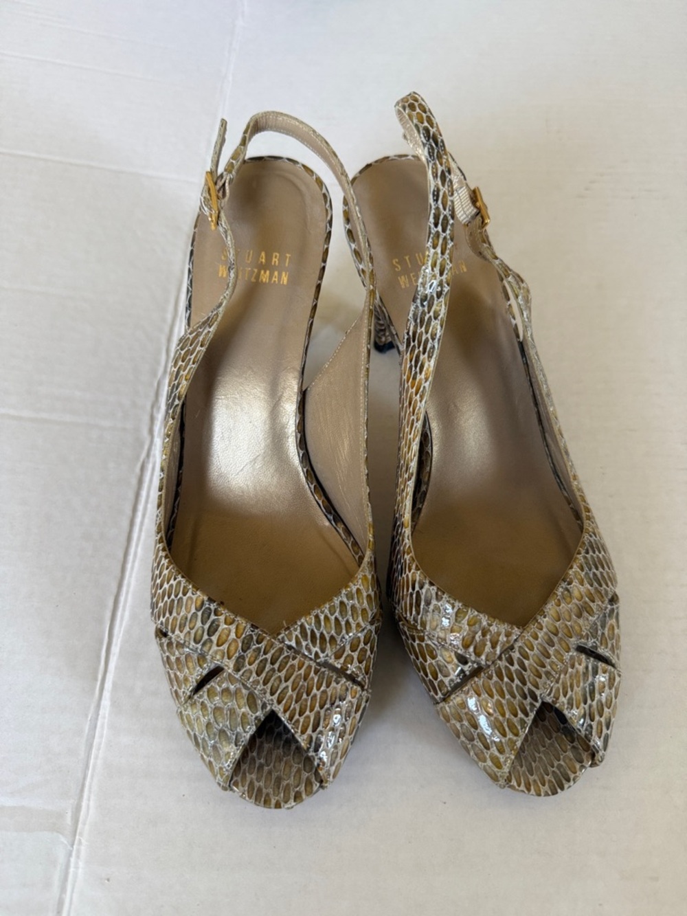 Stuart Weitzman Taupe Snake-Print Slingback Peep-Toe Heels